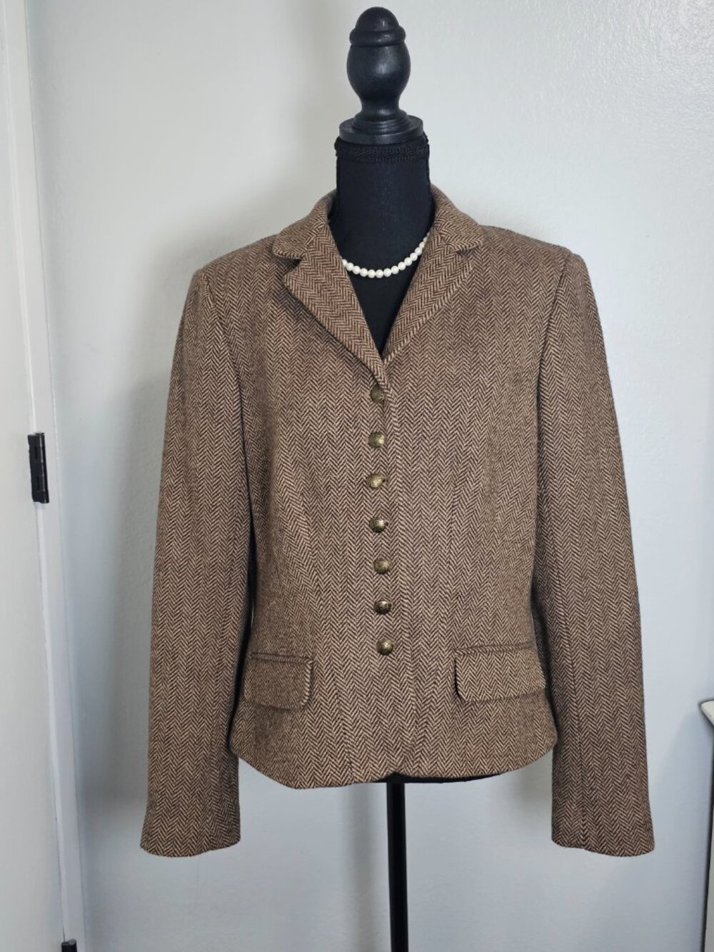 Chaps Womens Herringbone Brown/Khaki Blazer Wool Blend Bronze Buttons Size Large - Picture 3 of 9